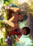  2boys bandaid bandaid_on_leg bare_legs blue_sky bridge candy day food looking_at_viewer male_focus multiple_boys noeyebrow_(mauve) original outdoors sandals short_hair sitting sky under_bridge 