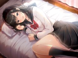  1girl bangs bed bed_sheet black_hair black_legwear black_sailor_collar black_skirt blush bow breasts collarbone eyebrows_visible_through_hair grey_eyes hair_between_eyes highres indoors looking_at_viewer lying medium_hair noda_shuha on_bed on_side open_mouth original pillow pleated_skirt red_bow sailor_collar school_uniform serafuku shirt skirt small_breasts solo symbol-only_commentary white_shirt 