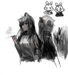  2girls animal_ear_fluff animal_ears arknights bangs between_fingers breasts chihuri cigarette cropped_torso ear_piercing eyebrows_visible_through_hair hair_between_eyes hand_up holding holding_cigarette jacket lappland_(arknights) medium_breasts monochrome multiple_girls open_clothes open_jacket parted_lips piercing red_pupils short_hair simple_background smile smoke spot_color texas_(arknights) upper_body white_background 