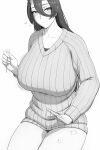  1girl asahi_(lvl) bangs blush breasts collarbone eyebrows_visible_through_hair greyscale hair_between_eyes heart highres horns huge_breasts lap_pillow_invitation long_hair looking_at_viewer lvl_(sentrythe2310) mimikaki monochrome motion_lines oni oni_horns original patting_lap ribbed_sweater shiny shiny_hair sidelocks smile solo sweater 