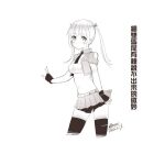  1girl breasts character_request chinese_text closed_mouth copyright_request dated ejami fingerless_gloves gloves greyscale long_hair looking_at_viewer monochrome necktie signature simple_background skirt solo thigh-highs white_background 