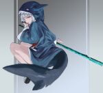  1girl animal_hood bangs blue_eyes blue_hair blue_hoodie blunt_bangs eyebrows_visible_through_hair fish_tail gawr_gura gradient grey_footwear highres hololive hololive_english hood hood_up hoodie light_blue_eyes light_blue_hair medium_hair multicolored_hair okbnkn polearm shark_hood shark_tail solo streaked_hair tail tongue tongue_out trident virtual_youtuber weapon white_hair 