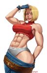 1girl abs blue_eyes blue_mary blush hand_on_head highres looking_at_viewer mootium muscular muscular_female short_hair smile the_king_of_fighters the_king_of_fighters_xv underwear 