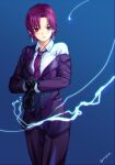  1girl aona_(anagasaki) bangs bazett_fraga_mcremitz black_gloves breasts collared_shirt dress_shirt earrings electricity fate/hollow_ataraxia fate_(series) formal gloves highres jewelry large_breasts long_sleeves looking_at_viewer mole mole_under_eye necktie pants parted_bangs purple_necktie purple_pants purple_suit red_eyes redhead shirt short_hair solo suit white_shirt 