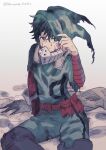  1boy belt bodysuit boku_no_hero_academia crying crying_with_eyes_open freckles gloves green_bodysuit green_hair highres hood hood_up looking_at_viewer male_focus mask mask_removed midoriya_izuku on_ground red_belt sitting solo tears torn_bodysuit torn_clothes twitter_username ume_(326310) white_background white_gloves 