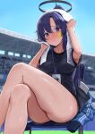 1girl absurdres alternate_costume alternate_hairstyle bangs black_shirt blue_archive blurry blurry_background blush breasts closed_mouth crossed_legs day halo highres jacket jacket_removed kuro_(zhurunbo1997) lanyard legs long_hair looking_at_viewer medium_breasts outdoors ponytail purple_hair shiny shiny_skin shirt sitting solo stadium star_(symbol) sweat symbol-only_commentary thighs towel towel_on_head violet_eyes yuuka_(blue_archive) 
