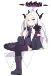  1girl :&lt; ahoge between_legs black_coat black_legwear blue_archive boots closed_mouth coat coat_on_shoulders cross-laced_footwear full_body fur-trimmed_coat fur_trim halo hand_between_legs highres hina_(blue_archive) horns jacket kamo_(kamonabe_44) lace-up_boots light_blush long_hair looking_at_viewer multiple_horns purple_footwear purple_jacket sitting thigh-highs violet_eyes white_background 