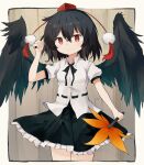  1girl ar_(maeus) arm_up black_hair black_neckwear black_ribbon black_skirt black_wings border cowboy_shot cropped_legs feathered_wings hair_between_eyes hand_fan hat hauchiwa holding holding_fan holding_pen looking_at_viewer neck_ribbon outside_border pen petticoat pom_pom_(clothes) puffy_short_sleeves puffy_sleeves red_eyes ribbon shameimaru_aya shirt short_hair short_sleeves skirt solo tokin_hat touhou white_border white_shirt wings 