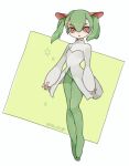  1girl :o breasts dress floating green_hair green_legwear hair_behind_ear highres kirlia open_hands open_mouth pantyhose personification pokemon red_eyes shimijimi sleeves_past_wrists small_breasts solo twintails twitter_username white_dress 