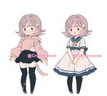  1girl :d alternate_costume artist_name bangs black_legwear black_skirt blue_sailor_collar blunt_bangs blush cat_tail closed_mouth criis-chan danganronpa_(series) danganronpa_2:_goodbye_despair dress eyebrows_visible_through_hair flipped_hair frilled_dress frills full_body galaga hair_ornament hood hoodie looking_at_viewer multiple_views nanami_chiaki neck_ribbon pink_hoodie pink_ribbon pleated_skirt ribbon sailor_collar shoes short_sleeves skirt smile standing tail teeth thigh-highs upper_teeth 