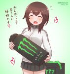  1girl black_hair black_skirt bottle closed_eyes commentary_request cowboy_shot gradient gradient_background green_background hayasui_(kancolle) holding jacket kantai_collection miniskirt mitchell_(dynxcb25) monster_energy one-hour_drawing_challenge oversized_object pleated_skirt short_hair skirt smile solo track_jacket translation_request 