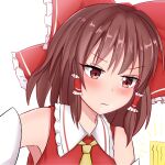  1girl as0987123 bangs bare_shoulders blush bow brown_hair closed_mouth eyebrows_visible_through_hair frilled_shirt_collar frills furrowed_brow hair_bow hair_tubes hakurei_reimu highres looking_at_viewer looking_down red_bow red_eyes simple_background solo touhou white_background 