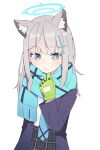  1girl animal_ear_fluff animal_ears bangs black_skirt blue_archive blue_eyes blue_jacket blue_necktie blush cat_ears closed_mouth cross_hair_ornament gloves green_gloves grey_hair hair_ornament halo highres jacket kamo_(kamonabe_44) long_hair looking_at_viewer mismatched_pupils necktie scarf shiroko_(blue_archive) shirt simple_background skirt solo upper_body white_background white_shirt 