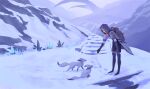  1boy albedo_(genshin_impact) animal_ears bag bone cape footprints fox fox_ears fox_tail full_body genshin_impact gloves highres hood kudsnk mountain outstretched_arm reaching_out snow solo tail vision_(genshin_impact) 