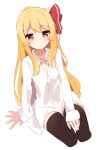  1girl absurdres alternate_hair_length alternate_hairstyle black_legwear blonde_hair blush bow closed_mouth cropped_legs dress_shirt expressionless hair_bow highres iroha_(pcrx7327) long_hair long_sleeves looking_at_viewer red_bow red_eyes rumia shirt simple_background sitting solo thigh-highs touhou very_long_hair white_background white_shirt 