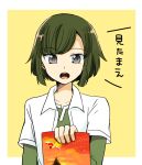  1boy atsumi_yoshioka bangs border collarbone collared_shirt green_hair grey_eyes holding holding_picture looking_at_viewer male_focus open_mouth pokemon pokemon_(anime) pokemon_m20 shirt short_hair short_sleeves solo sorrel_(pokemon) teeth tongue translation_request undershirt upper_body upper_teeth white_border white_shirt yellow_background 