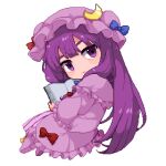 1girl book bow capelet chibi crescent dress frills hat kani_nyan long_hair looking_at_viewer lowres mob_cap patchouli_knowledge purple_hair solo touhou violet_eyes 