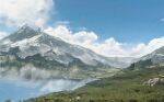  blue_sky commentary_request day grass kuma_(darakehoudai) lake mountainous_horizon nature no_humans original outstretched_arms reflection scenery sky water 