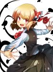  1girl absurdres blonde_hair blush fang hair_ribbon highres long_sleeves looking_at_viewer norori open_mouth outstretched_arms red_eyes ribbon rumia shirt short_hair skirt skirt_set smile solo touhou vest white_background 