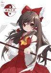  1girl ascot bow brown_hair detached_sleeves gohei hair_bow hair_tubes hakurei_reimu holding long_hair looking_at_viewer red_bow red_eyes red_skirt ribbon_trim skirt skirt_set smile solo touhou user_rpvr8377 wide_sleeves 