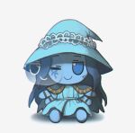  blue_skin cape character_doll chibi colored_skin commentary elden_ring english_commentary extra_faces facial_mark fumo_(doll) hat highres miniature_ranni no_humans one_eye_covered porforever ranni_the_witch simple_background smile white_background witch_hat 