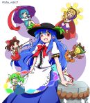  6+girls absurdres apron back_bow bangs black_headwear blue_bow blue_eyes blue_skirt book bow bowtie breasts brown_hair center_frills chibi closed_eyes collared_shirt daiyousei eyebrows_visible_through_hair frills fujiwara_no_mokou green_hair gun hakurei_reimu hat heterochromia highres hinanawi_tenshi keystone light_brown_hair long_hair medium_breasts motoori_kosuzu multiple_girls nontraditional_miko open_mouth orange_hair peach_hat_ornament puffy_short_sleeves puffy_sleeves rainbow_order rakkidei red_bow red_bowtie red_eyes shirt short_hair short_sleeves shotgun side_ponytail sidelocks skirt sun_hat tatara_kogasa touhou toyosatomimi_no_miko very_long_hair waist_apron weapon white_apron white_hair white_shirt 