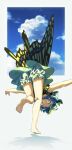  1girl :d absurdres ass bare_arms barefoot bloomers blue_eyes blue_hair blue_sky day dress eternity_larva from_behind gradient highres looking_at_viewer open_mouth orange_eyes short_hair sky smile solo standing standing_on_one_leg suguni touhou underwear upside-down white_bloomers wings 