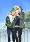  2boys bakugou_katsuki black_shirt blonde_hair boku_no_hero_academia coffee_cup cup day disposable_cup drinking freckles green_hair green_jacket grin highres holding holding_cup hood hood_up jacket looking_at_viewer male_focus midoriya_izuku multiple_boys partially_unzipped red_eyes shirt sky smile spiky_hair starbucks steam t-shirt tree twitter_username ume_(326310) v v-shaped_eyebrows 