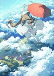  1girl black_hair blue_eyes clouds commentary_request dress highres holding holding_umbrella mountain open_mouth original outdoors parasol potg_(piotegu) scenery shoes skirt sky smile solo umbrella white_dress 