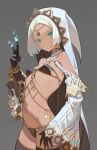  1girl aqua_eyes armor bangle bangs bare_shoulders bikini bikini_armor black_bikini black_gloves bracelet breasts cowboy_shot detached_sleeves forehead_jewel gloves gold_trim grey_background highres hks_(timbougami) hood jewelry looking_at_viewer magic navel necklace original parted_bangs revealing_clothes shezhara short_hair simple_background small_breasts solo swimsuit thigh-highs white_hair wide_sleeves 