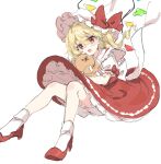 1girl :o bangs blonde_hair bloomers blush bobby_socks bow commentary_request crystal expressionless eyebrows_visible_through_hair flandre_scarlet foot_out_of_frame frilled_shirt frilled_shirt_collar frilled_skirt frilled_sleeves frills hair_between_eyes hat hat_bow hat_ribbon high_heels highres holding holding_stuffed_toy looking_at_viewer medium_hair mob_cap one_side_up open_mouth paragasu_(parags112) puffy_short_sleeves puffy_sleeves red_bow red_eyes red_footwear red_ribbon red_skirt red_vest ribbon shirt short_sleeves simple_background skirt skirt_set socks solo stuffed_animal stuffed_toy teddy_bear touhou underwear vest white_background white_bloomers white_headwear white_legwear white_shirt wings 