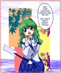  1girl :o blue_skirt border breasts detached_sleeves dr._addamelech frog_hair_ornament gohei green_eyes green_hair hair_ornament highres kochiya_sanae large_breasts leaf long_hair looking_at_viewer open_mouth skirt snake_hair_ornament solo speech_bubble touhou tree 