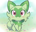 animal animal_focus blush closed_mouth commentary fang fang_out flower grass komanychi looking_at_viewer no_humans pink_eyes pokemon pokemon_(creature) sitting smile solo spanish_commentary sprigatito 