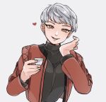  1girl apex_legends black_sweater breasts brown_eyes cup grey_background grey_hair hair_behind_ear heart holding holding_cup jacket looking_at_viewer medium_breasts official_alternate_costume open_mouth red_jacket shimijimi smile solo sweater upper_body valkyrie_(apex_legends) 