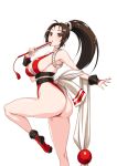  1girl ass bangs bare_shoulders blush breasts brown_eyes brown_hair commentary commentary_request fatal_fury from_side hand_fan highres holding japanese_clothes large_breasts leg_up long_hair looking_at_viewer obi parted_lips rantia revealing_clothes rope sash shiny shiny_hair shiny_skin shiranui_mai sideboob simple_background sleeveless the_king_of_fighters thighs tied_hair 