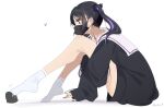  1girl bangs black_background black_hair black_nails collarbone earrings eyeshadow jewelry knees_to_chest long_hair long_sleeves makeup mask original sailor_collar school_uniform serafuku sitting socks solo twintails unimon_e white_legwear white_sailor_collar 