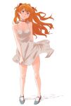  1girl aoi_nori_(aoicoblue) bangs black_choker blue_eyes breasts choker collarbone dress eyebrows_visible_through_hair full_body hair_between_eyes high_heels long_hair looking_at_viewer neon_genesis_evangelion orange_hair small_breasts solo souryuu_asuka_langley standing white_dress 