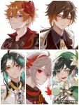  5boys androgynous bard black_hair blue_eyes character_request close-up commentary_request genshin_impact hair_between_eyes hat hatoba_hhh highres japanese_clothes kaedehara_kazuha looking_at_viewer male_focus multicolored_hair multiple_boys open_mouth orange_hair red_eyes short_hair_with_long_locks simple_background streaked_hair tartaglia_(genshin_impact) tassel venti_(genshin_impact) white_hair xiao_(genshin_impact) yellow_eyes zhongli_(genshin_impact) 