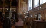  6+others absurdres bloodborne cage chair desk espen_olsen_saetervik helmet highres indoors long_sleeves looking_at_another multiple_others own_hands_together people robe sitting standing window 