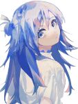  1girl bangs blue_eyes blue_hair commentary_request expressionless hair_bun highres long_hair looking_at_viewer looking_back njosau original shirt short_sleeves simple_background solo upper_body white_background white_shirt 