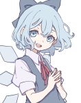  1girl \||/ blue_eyes blue_hair bow cirno eyebrows_behind_hair hair_bow head_tilt highres ice ice_wings kame_(kamepan44231) looking_at_viewer open_mouth red_ribbon ribbon round_teeth shirt short_hair short_sleeves simple_background smile solo steepled_fingers teeth touhou upper_body upper_teeth white_background white_shirt wings 