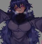  1girl @_@ alternate_breast_size artist_name bangs blush breasts dress grey_background hair_between_eyes hairband heart heart-shaped_pupils heavy_breathing hex_maniac_(pokemon) highres large_breasts long_hair looking_at_viewer messy_hair outstretched_arms parted_lips pokemon pokemon_(game) pokemon_xy pov purple_dress purple_hair simple_background smile solo symbol-shaped_pupils turtleneck_dress very_long_hair violet_eyes waa153 