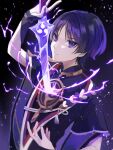  1boy bishounen drawing_sword genshin_impact hand_up highres holding holding_sword holding_weapon human_scabbard japanese_clothes jewelry lightning looking_at_viewer male_focus musou_isshin_(genshin_impact) necklace pulling purple_hair ribbon scaramouche_(genshin_impact) short_hair simple_background solo sword tomato_neee upper_body violet_eyes weapon 