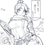  2girls apex_legends bangs belt bodysuit breasts covered_navel crying eyebrows_visible_through_hair greyscale highres holding holding_knife knife kunai looking_to_the_side medium_breasts monochrome multiple_girls own_hands_together parted_bangs scarf shimijimi sketch solo_focus wattson_(apex_legends) weapon white_background wraith&#039;s_kunai wraith_(apex_legends) 