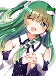  +_+ 1girl bangs bare_shoulders blush breasts collared_shirt commentary_request detached_sleeves eyebrows_visible_through_hair frog_hair_ornament green_eyes green_hair hair_between_eyes hair_ornament hair_tubes hands_up highres kochiya_sanae large_breasts long_hair long_sleeves looking_at_viewer one_eye_closed open_mouth own_hands_together ponytail shirt side_ponytail smile snake_hair_ornament solo star_(symbol) tongue touhou white_shirt wide_sleeves zeroko-san_(nuclear_f) 
