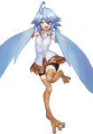  1girl :d ^_^ ahoge bird_legs blue_hair blue_wings blush breasts brown_skirt closed_eyes commentary_request digitigrade facing_viewer feathered_wings feathers harpy highres medium_hair monster_girl monster_musume_no_iru_nichijou official_alternate_costume official_art okayado open_mouth papi_(monster_musume) pleated_skirt second-party_source shirt shorts shorts_under_skirt simple_background skirt sleeveless sleeveless_shirt small_breasts smile solo standing standing_on_one_leg white_background white_shirt winged_arms wings 