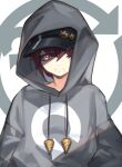  1girl airi_(sanzennenn) bangs black_headwear closed_mouth drill expressionless gear_hat_ornament gears grey_hoodie hair_between_eyes hair_over_one_eye highres hood hood_up hoodie indie_virtual_youtuber kaiten-tsuzuri looking_at_viewer mole mole_under_mouth red_eyes redhead short_hair solo upper_body virtual_youtuber white_background 