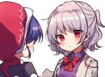  2girls back bangs black_dress blue_hair blush bow bowtie collared_dress doremy_sweet dress eyebrows_visible_through_hair eyelashes eyes_visible_through_hair grey_hair grey_jacket hat jacket kishin_sagume long_sleeves looking_at_another moshihimechan multiple_girls open_clothes open_jacket open_mouth pom_pom_(clothes) ponytail purple_dress red_bow red_bowtie red_eyes red_headwear short_hair short_ponytail short_sleeves simple_background single_wing touhou upper_body white_background wings 