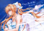  1girl air blonde_hair blue_eyes closed_mouth clouds dress feathered_wings hair_ribbon kamio_misuzu long_hair nabeta_(currynabe) ponytail ribbon sky solo stuffed_animal stuffed_toy very_long_hair wings 