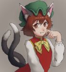  1girl :3 animal_ears bow bowtie brown_eyes brown_hair cat_ears cat_tail channel_ikihaji chen green_headwear hat highres long_sleeves looking_at_viewer mob_cap multiple_tails nekomata short_hair solo tail touhou two_tails upper_body 